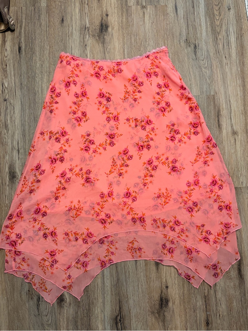 Beautiful Free People Coral Pink Floral Asymmetrical Handkerchief Hem Skirt